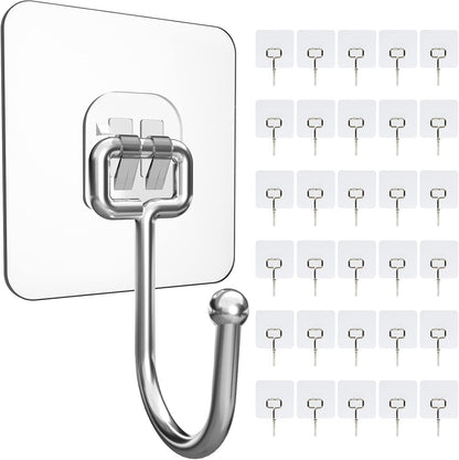 30 Packs Large Adhesive Wall Hooks, Heavy Duty Hold 44lb(Max) Wall Hooks for Hanging, Transparent Waterproof Rustproof Sticky Hooks for Kitchen Bathroom Home Office