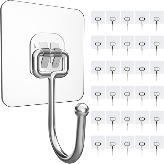 30 Packs Large Adhesive Wall Hooks, Heavy Duty Hold 44lb(Max) Wall Hooks for Hanging, Transparent Waterproof Rustproof Sticky Hooks for Kitchen Bathroom Home Office