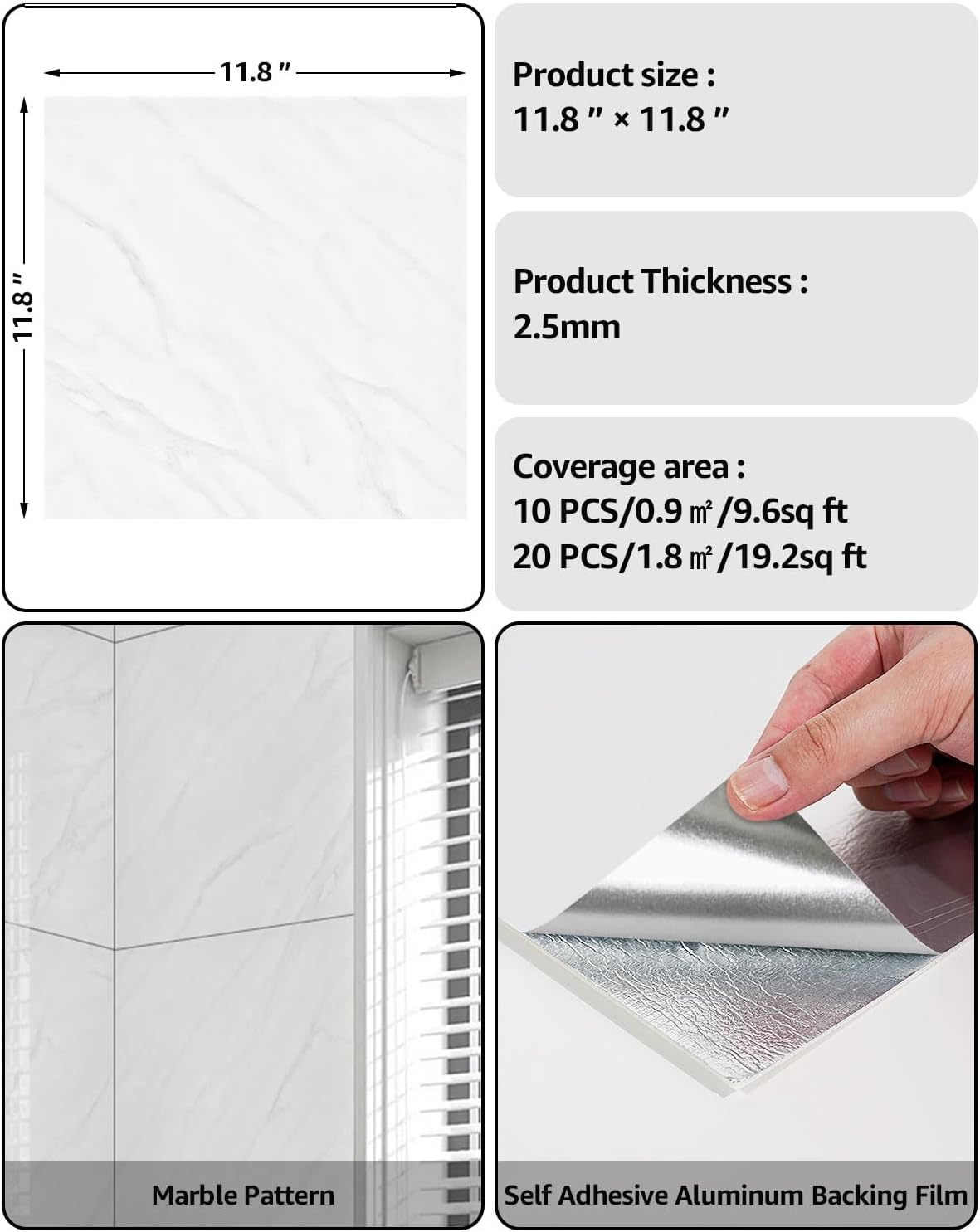 WADILE 10pcs Peel and Stick Shower Waterproof Marble Tiles Wall Panels, 11.8"x11.8" Self-Adhesive Backsplash, for Home Bathroom, Kitchen, Living Room White (Not Real Tile)