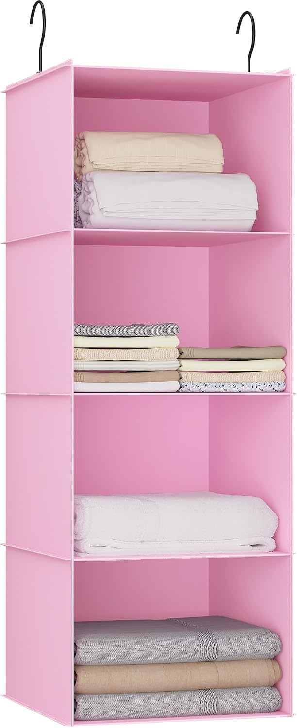 Hanging Closet Organizer 3-Shelf, Oxford Fabric Wardrobe Storage, Gray | Easy-mount foldable design holds clothes, handbags, shoes & accessories; washable Oxford fabric, sturdy and space-saving.