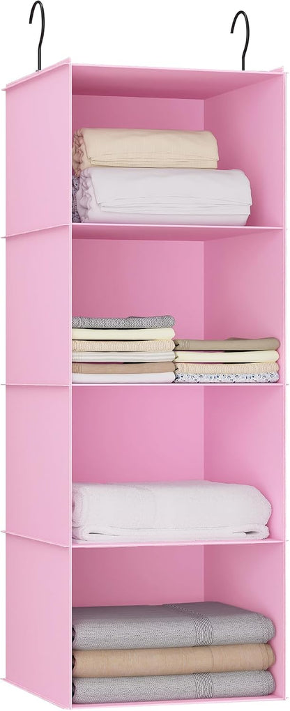 Hanging Closet Organizer 3-Shelf, Oxford Fabric Wardrobe Storage, Gray | Easy-mount foldable design holds clothes, handbags, shoes & accessories; washable Oxford fabric, sturdy and space-saving.