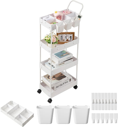 danpinera Storage Cart on Wheels, 3 Tier Slim Laundry with Wheels Bathroom Organizer with Hanging Cups Hooks Dividers Handle Mobile Rolling Art Cart for Bathroom Kitchen Narrow Places, White
