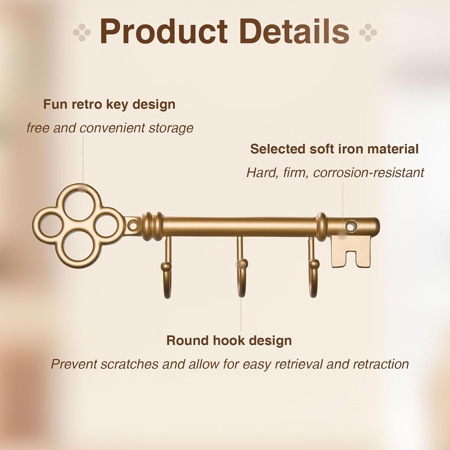Classic Wall Mounted Key Holder Hook Rack, Vintage Key Rack for Entryway (Gold)