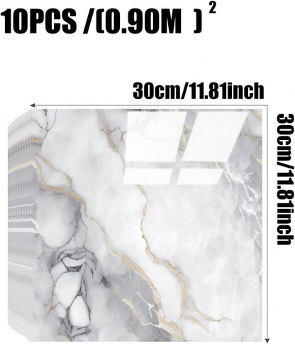 Chejiaye 10pcs Marble Peel and Stick Backsplash Waterproof Washroom Wall Panels, Peel and Stick Tile, PVC Foam Wall Panels for Kitchen,Bathroom,Living Room,Blue and Gold(Not Real Tile,11.8" x 11.8")