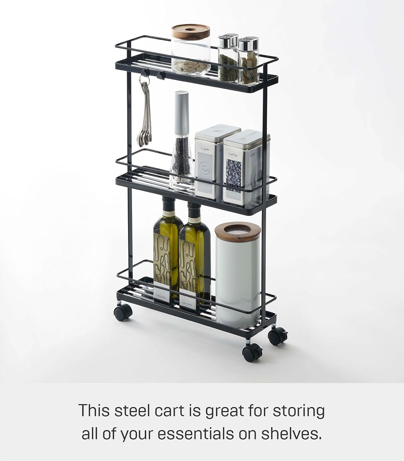 YAMAZAKI Home Tower Rolling Kitchen Island Three Tier Metal Storage Cart - Portable Organizer Shelves Utility Cart, 26" - Steel -