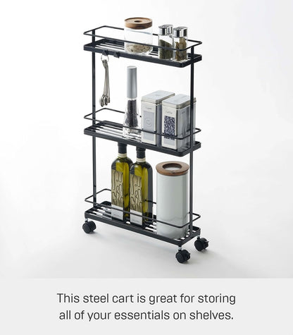 YAMAZAKI Home Tower Rolling Kitchen Island Three Tier Metal Storage Cart - Portable Organizer Shelves Utility Cart, 26" - Steel -