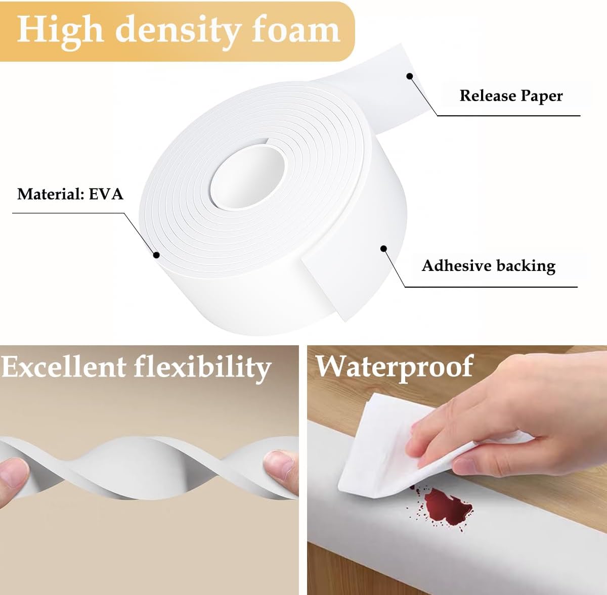 Weather Stripping Door Seal White,1/2Inch Wide X 1/4 Inch Thick,Air Conditioner Window Seal,Self Adhesive Foam Tape High Density Foam Sealing Strip,Soundproof Foam Tape Roll,Total 16.4 Feet Long