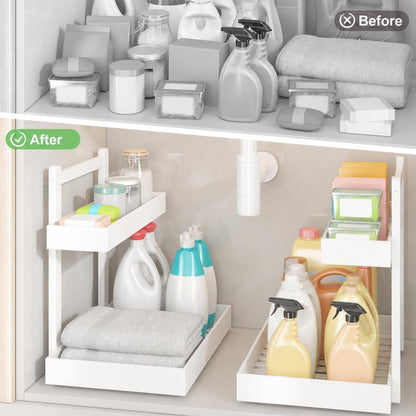 Under Sink Organizer - 2-Tier Pull Out Cabinet Organizer Vertical Slide Out Sink Shelf Storage Shelves for Multi-Purpose Bath Kitchen Bathroom Medicine (Nature, 2 Packs)