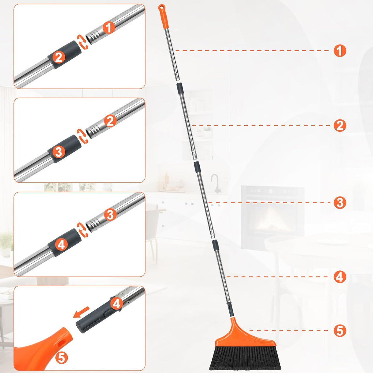 Heavy-Duty Angle Broom for Floor Cleaning with 52" Long Handle Stiff Bristle Angle Commercial and Industrial Broom, Indoor Outdoor Broom for Garage Kitchen Office Lobby Patio