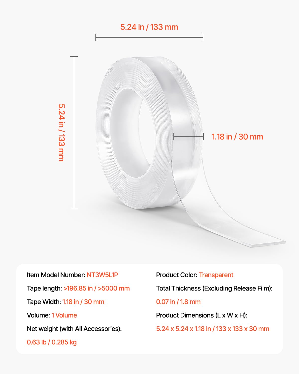 VEVOR Double Sided Tape Heavy Duty, 16 ft Long Nano Mounting Tape, Strong Adhesive & Reusable, Clear Two Sided Wall Tape, Removable Poster Picture Hanging Strips for Home, Office, Car, Outdoor Use