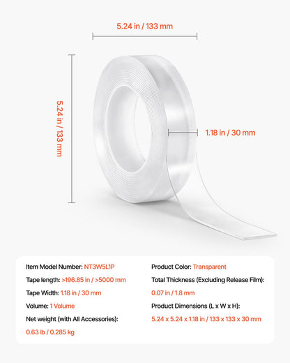 VEVOR Double Sided Tape Heavy Duty, 16 ft Long Nano Mounting Tape, Strong Adhesive & Reusable, Clear Two Sided Wall Tape, Removable Poster Picture Hanging Strips for Home, Office, Car, Outdoor Use