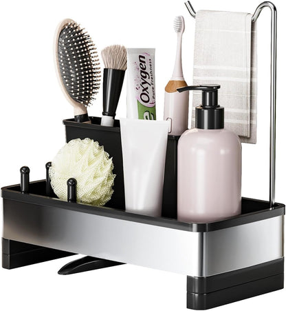 Ewaiira Stainless Steel Sink Caddy, Sponge Holder for Kitchen Sink with Brush Holder and Towel Rack, Sink Organizer for Countertop, Soap Dispenser Kitchen Organizers Storage Essentials (A-Black)