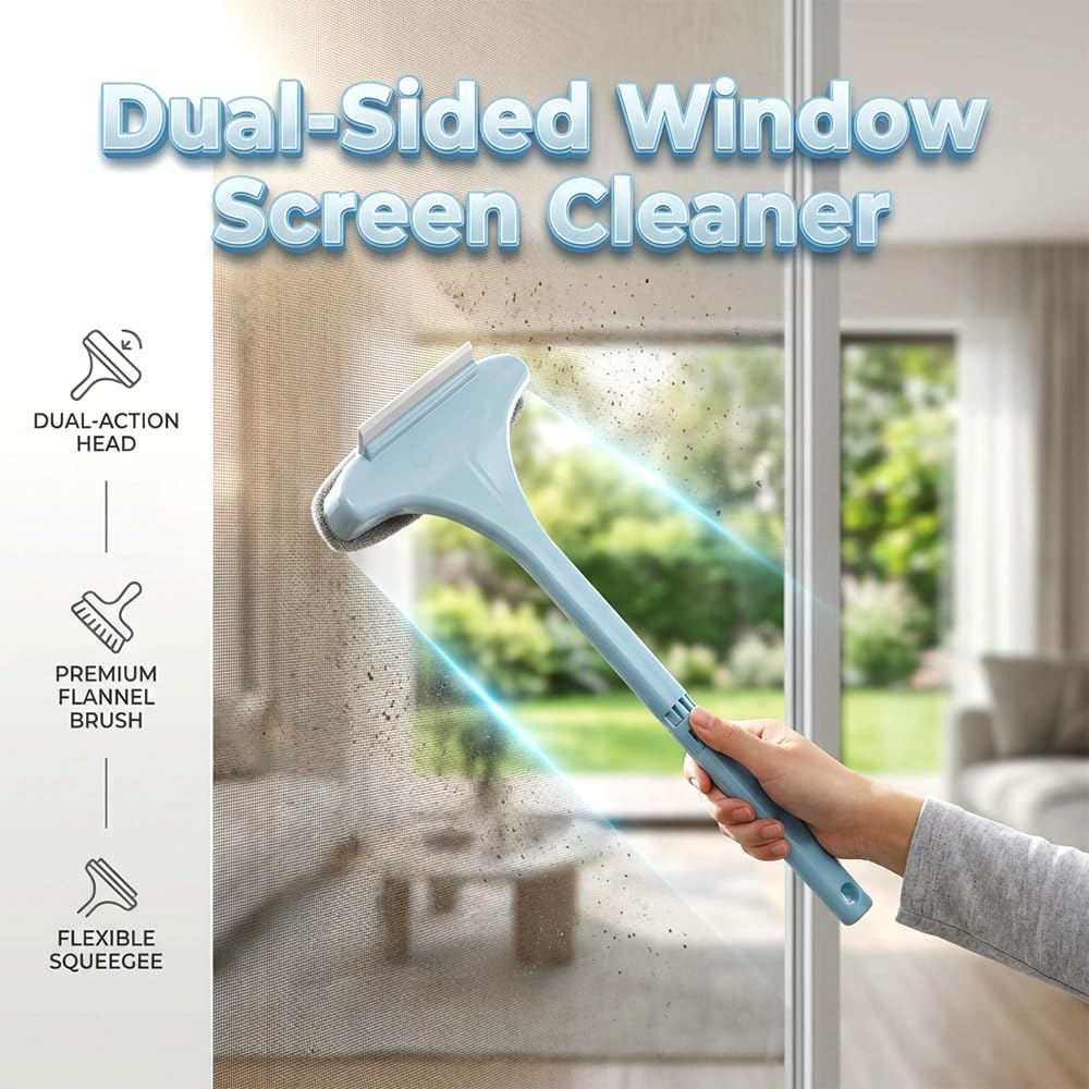 Window Screen Cleaning Brush, 2026 Upgraded 2 in 1 Mesh Cleaner Brush, Window Screen Cleaner Tool with Squeegee, Multifunctional Screen Brush, Double Sided Wet & Dry Dual Use (Yellow Green)