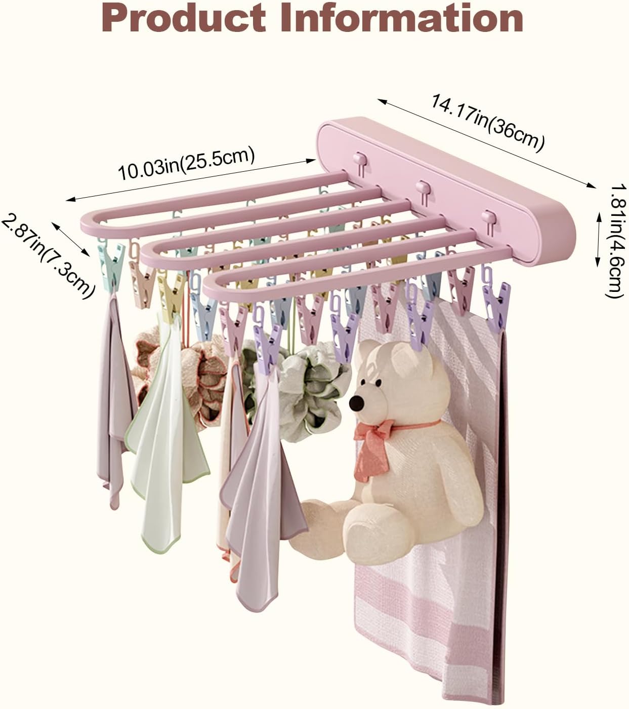 Clothes Drying Rack Wall Mounted, Clothes Drying Rack Folding Indoor with Clip, Balcony Drying Rack Dryer, Space Saver for Socks, Underwear, Rags, Towels