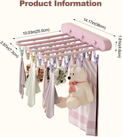 Clothes Drying Rack Wall Mounted, Clothes Drying Rack Folding Indoor with Clip, Balcony Drying Rack Dryer, Space Saver for Socks, Underwear, Rags, Towels