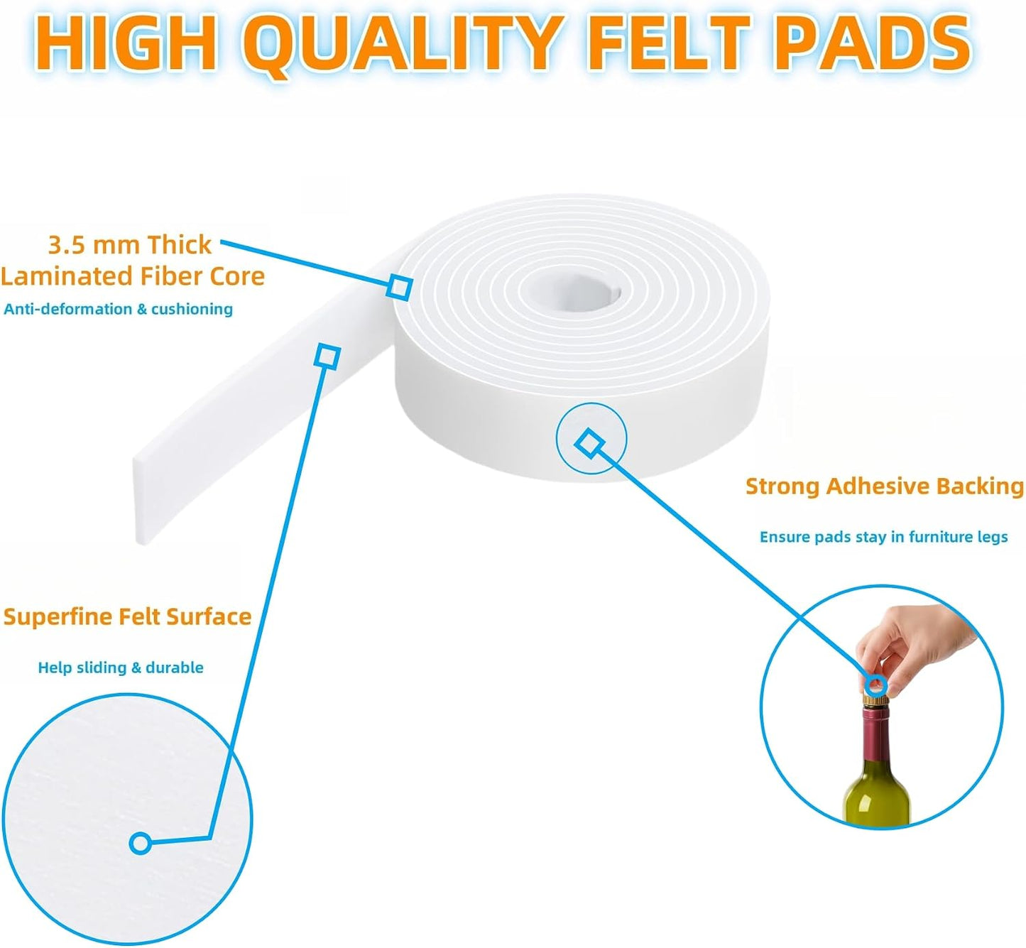 Furnigear Felt Strips with Adhesive Backing Heavy Duty Cuttable Felt Tape Roll Furniture Pads for Chair Legs - Protecting Hardwood Floors, Chair Wall Protector (Black, 80 x 0.5 x 0.14 Inch)