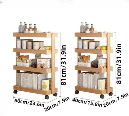 Tea Cart, Storage Rack, Rolling Cart with 4 Tiered Storage, Storage Cart with Universal Wheels and Heightened and Widened Columns, Utility Wood Cart for Bedrooms, Living Rooms(Beige,15.8x7.9x31.9in)