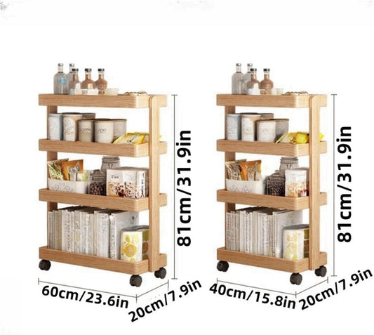 Tea Cart, Storage Rack, Rolling Cart with 4 Tiered Storage, Storage Cart with Universal Wheels and Heightened and Widened Columns, Utility Wood Cart for Bedrooms, Living Rooms(Beige,15.8x7.9x31.9in)