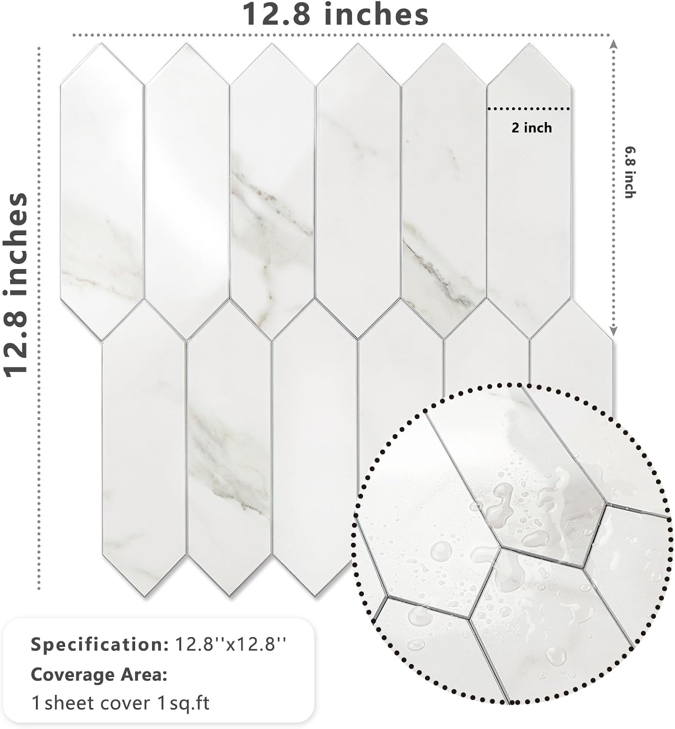 Vamos Tile Glossy Dolomite White Backsplash Tile Peel and Stick, 12.8 x 12.8 Inch 10 Sheets Long Hexagon PVC Self Adhesive Mosaic Wall Tiles Stick on Backsplash for Kitchen and Bathroom