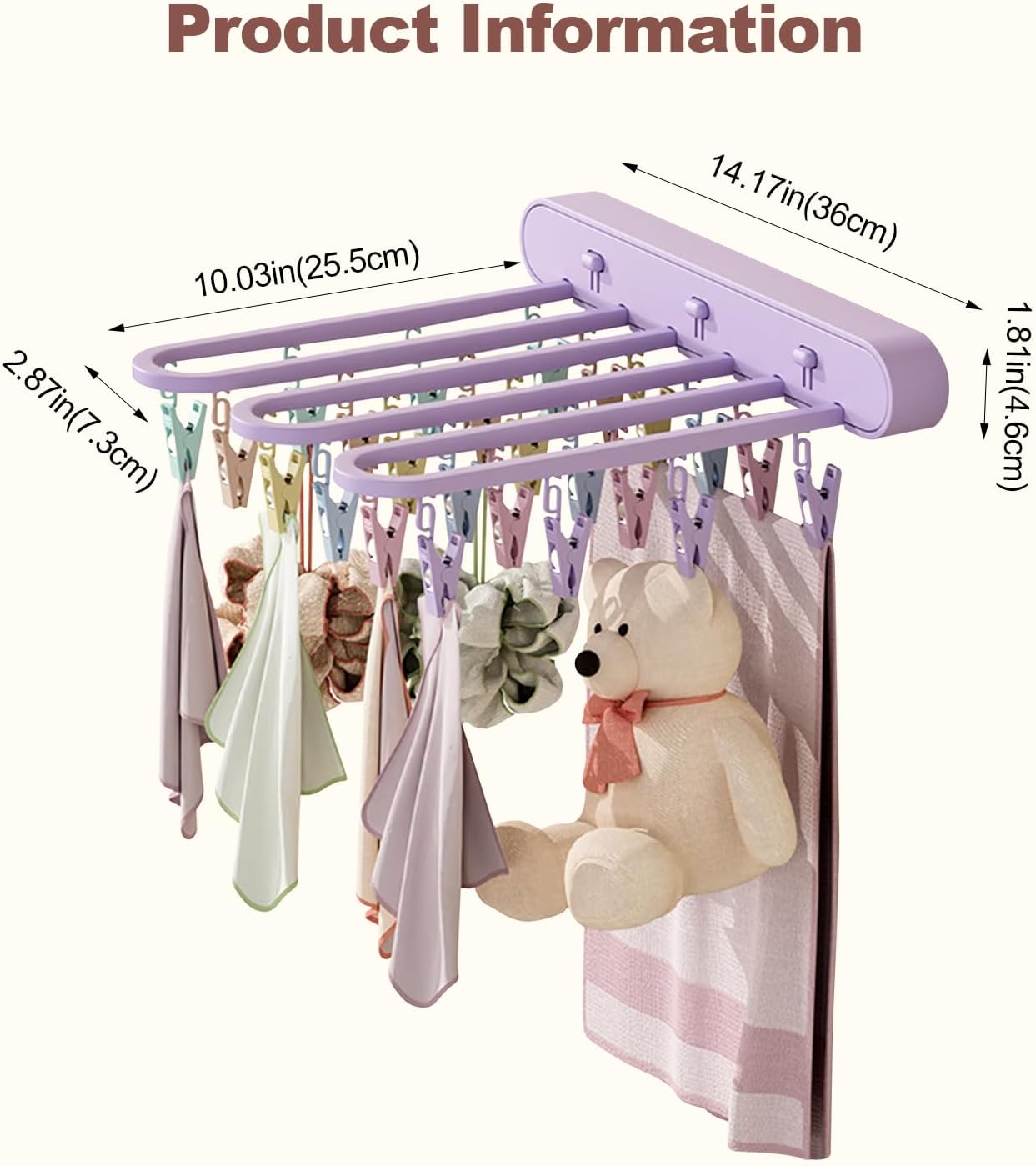 Clothes Drying Rack Wall Mounted, Clothes Drying Rack Folding Indoor with Clip, Balcony Drying Rack Dryer, Space Saver for Socks, Underwear, Rags, Towels
