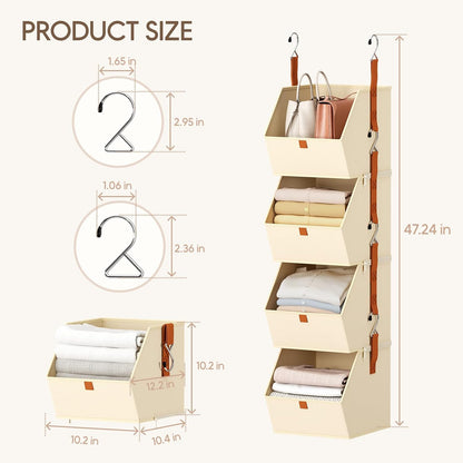Homsorout Hanging Closet Organizer 4 Tier - Clothes Hanging Shelves, Space-Saving Closet System, Fabric Storage Bins Bedroom Organization, Collapsible Baskets for Home, Dorm, Rv, Beige