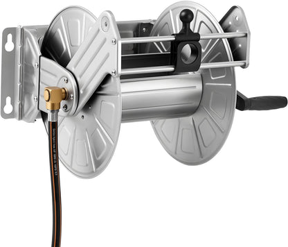 VEVOR Wall Mounted Garden Hose Reel, Holds 125 ft 5/8-inch Hose, Heavy-Duty Water Hose Winder, Space-Saving Design, Outdoor Manual Reel with Brass Fitting and Storage Basket for Yard Lawn
