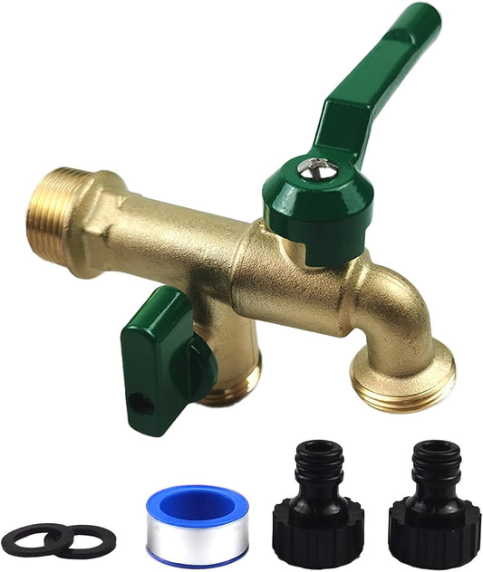 Outdoor Faucet Double Outlet, 1/2 Inch Male Inlet NPT Thread,Wall Mounted Lead-Free Brass Tap with Dual 3/4 inch Outlet,2 Way Splitter,Ball Valves Spigot,for Garden Hose Connector