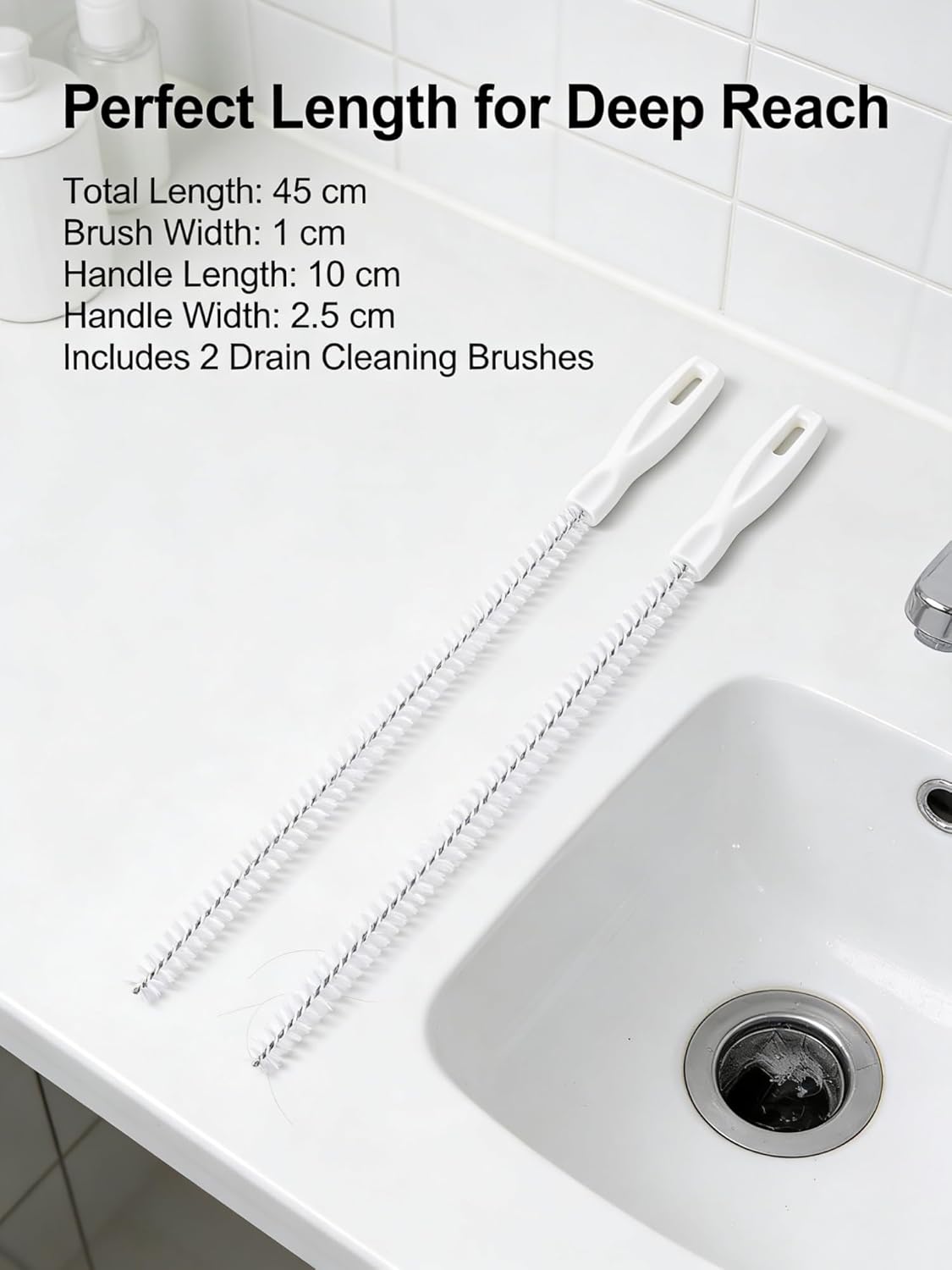Drain Cleaning Brush, 2-Pack Flexible Pipe Cleaner Tool for Sink Shower and Bathtub Drain, Long Hair and Debris Remover Snake with Handle and Hook, Reusable Clog Removal Accessory