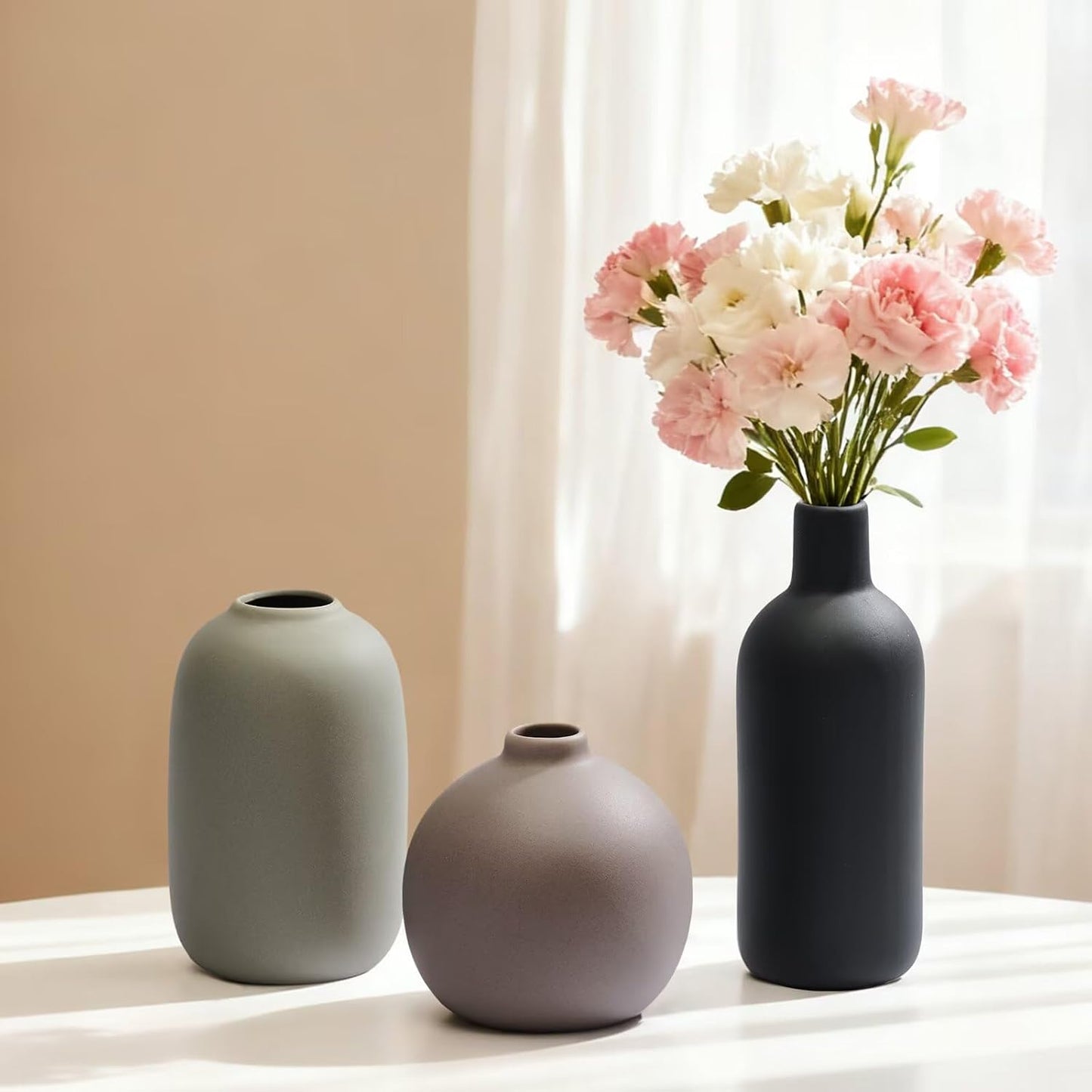 Small Ceramic Vase, Valentine's Day Vase, Modern Farmhouse Rustic Neutral Flower Vases for Dried Fresh Flowers, Home Decor Vases for Living Room, Entryway Table Decor, Kitchen, Shelf Decor (Set of 3)