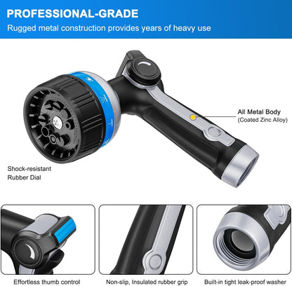 FANHAO Heavy Duty Garden Hose Nozzle, Metal Water Hose Sprayer with 10 Spray Patterns, Thumb Control, On Off Valve, High Pressure Water Nozzle for Plants Watering, Car and Pet Washing, Blue