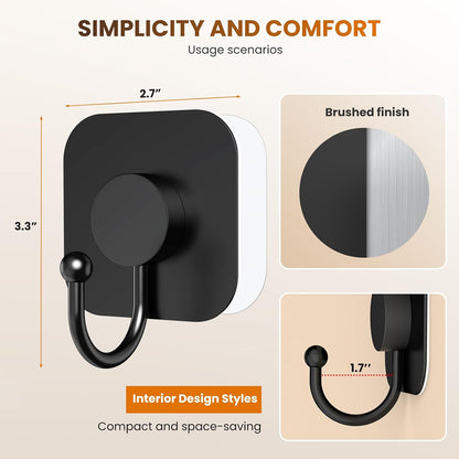 Aikzik 4 Pack Large Heavy Duty Wall Hooks - 26lb Max, Stainless Steel Adhesive Towel Hook, Shower Hooks for Hanging Towel, Coat, Robe, Wall Hook for Use in Bathroom, Kitchen and Door, Matte Black