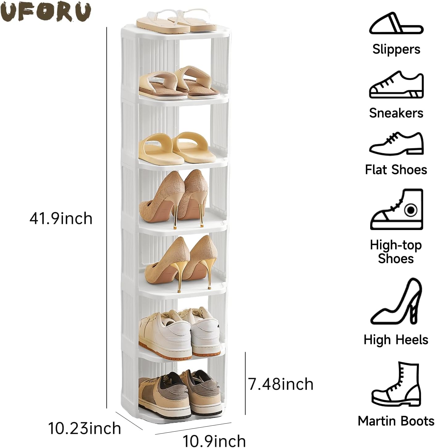 UFORU Small Shoe Rack, 5 Tier Plastic Vertical Shoe Rack for Small and Narrow Spaces, Free Standing Shoe Organizer for Closet, Entryway