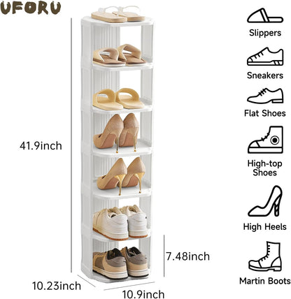 UFORU Small Shoe Rack, 5 Tier Plastic Vertical Shoe Rack for Small and Narrow Spaces, Free Standing Shoe Organizer for Closet, Entryway