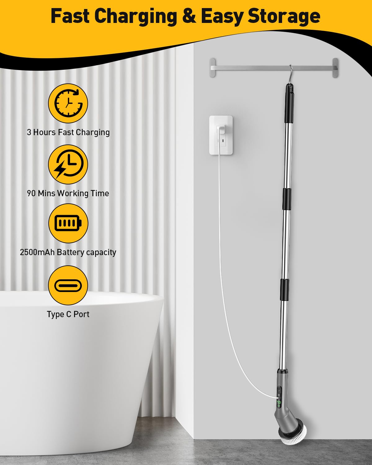 Shower Scrubber with Long Handle, Shower Cleaner Brush with 8 Floor Machine Pads, Cordless Electric Spin Scrubber for Cleaning with 2 Speed, Cleaning Supplies for Bathroom Bathtub Kitchen Floor Tile