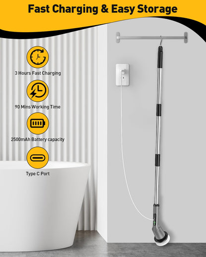 Shower Scrubber with Long Handle, Shower Cleaner Brush with 8 Floor Machine Pads, Cordless Electric Spin Scrubber for Cleaning with 2 Speed, Cleaning Supplies for Bathroom Bathtub Kitchen Floor Tile