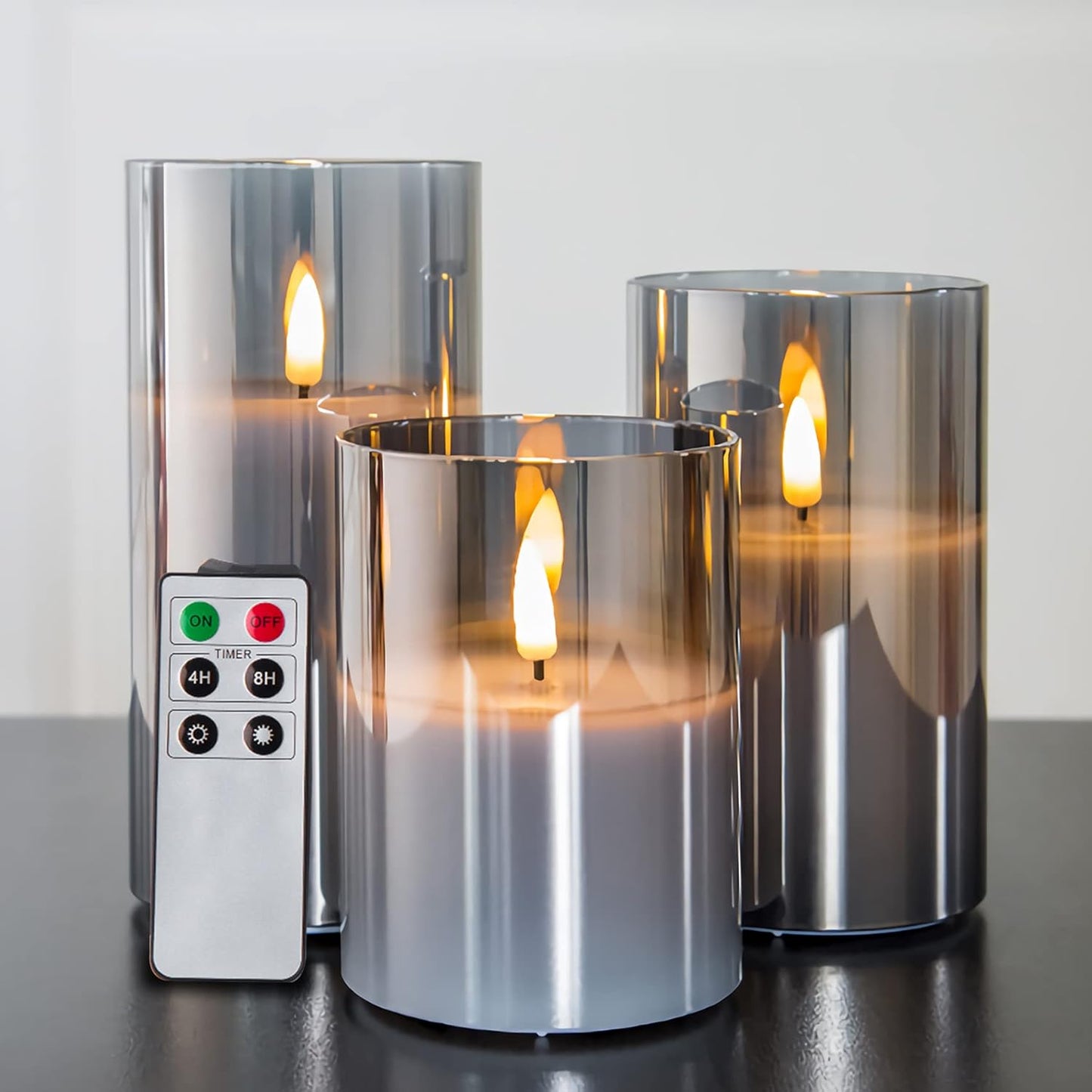Eywamage Gold Glass Flameless Pillar Candles with Remote, Flickering Christmas LED Candles Battery Operated Set of 3