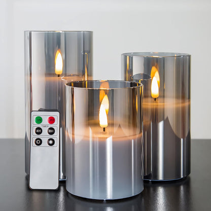 Eywamage Gold Glass Flameless Pillar Candles with Remote, Flickering Christmas LED Candles Battery Operated Set of 3