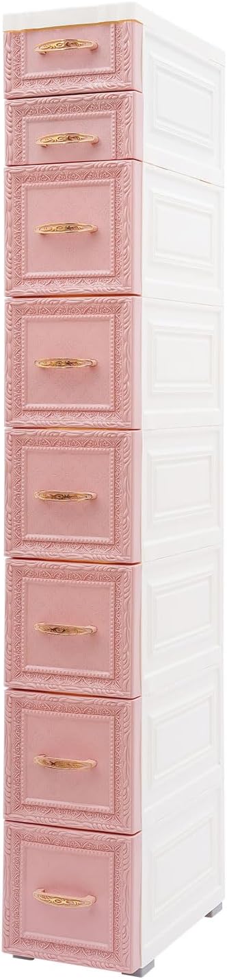 8 Drawers Narrow Storage Cabinet with Wheels,Slim Floor Cabinets,Rolling Organizer Cart for Small Spaces,Pink