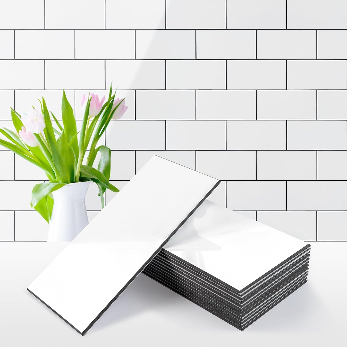 Vamos Tile 100-Piece Glossy Dolomite White Peel and Stick Backsplash Tile,3''x6'' PVC Subway Tile with White Grout, Stick on Backsplash for Kitchen/Bathroom/Fireplace