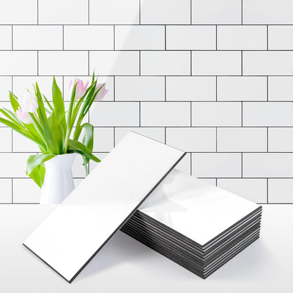 Vamos Tile 100-Piece Glossy Dolomite White Peel and Stick Backsplash Tile,3''x6'' PVC Subway Tile with White Grout, Stick on Backsplash for Kitchen/Bathroom/Fireplace