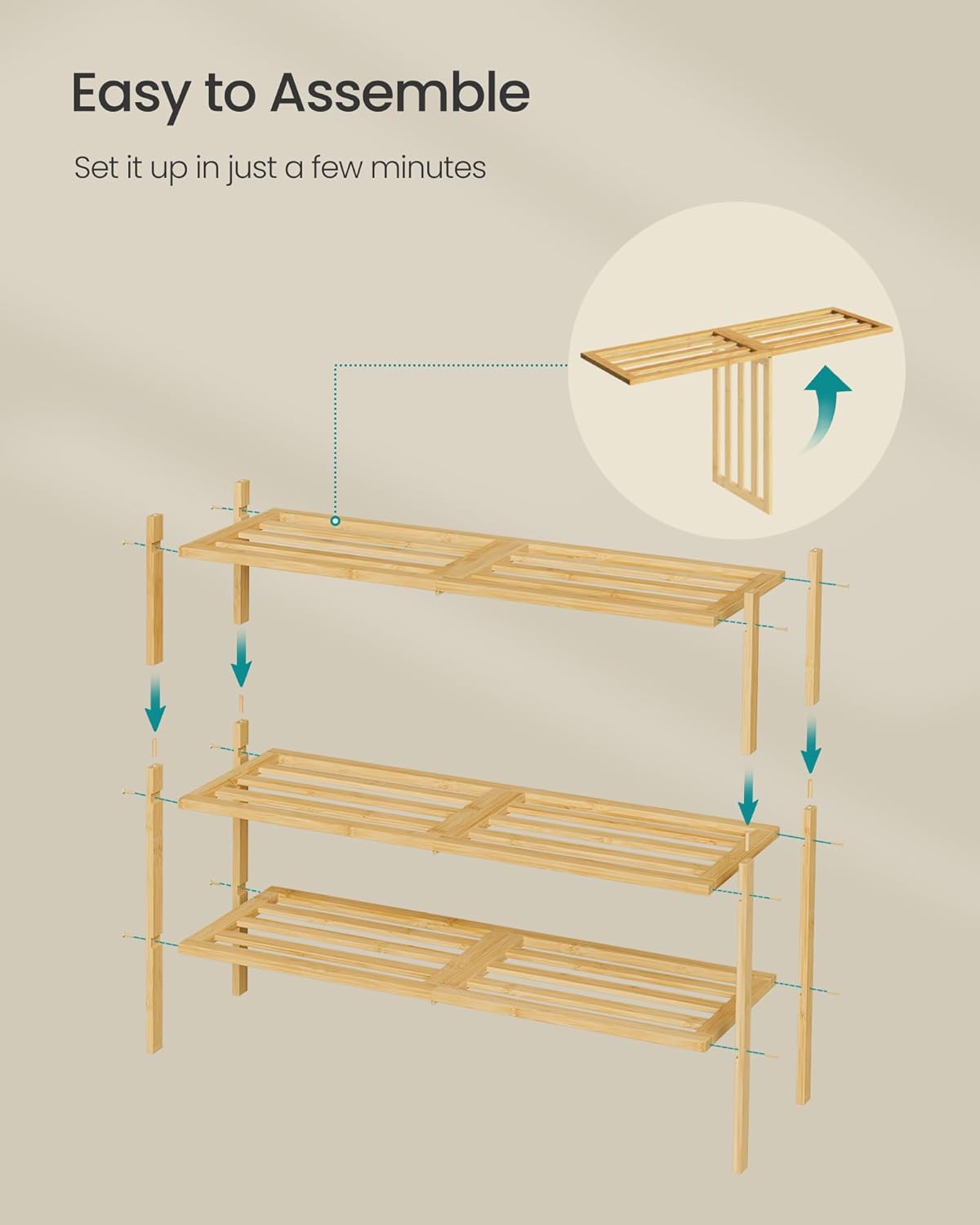 SONGMICS Bamboo Shoe Rack for Closet, Stackable Shoe Oragnizer with Modular Structure, Space-Saving Free Standing Shelf for Entryway Bedroom, 2-Tier, Holds 9-12 Pairs, Natural Color ULBS052YL01