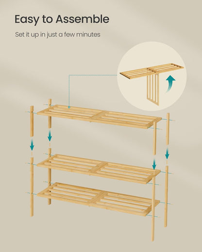 SONGMICS Bamboo Shoe Rack for Closet, Stackable Shoe Oragnizer with Modular Structure, Space-Saving Free Standing Shelf for Entryway Bedroom, 2-Tier, Holds 9-12 Pairs, Natural Color ULBS052YL01