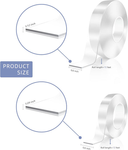 Double Sided Tape Heavy Duty, Clear Nano Tape, 0.8'' x 120'' Two Sided Mounting Adhesive for Walls Posters Carpet, Removable Space Gel Strip, 1/24" Thick