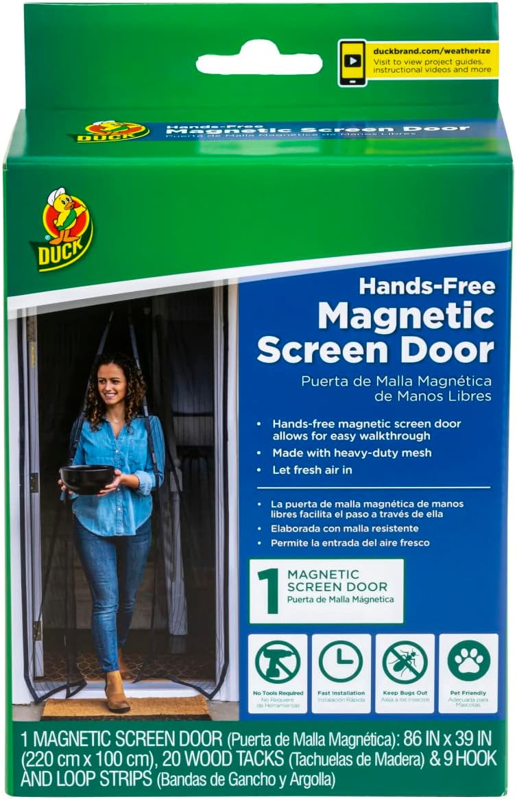 Duck Brand Hands-Free Magnetic Screen Door for Standard Width Door - Mesh Patio Door and Bug Screen with Magnets - 39 x 86 Inches, Black