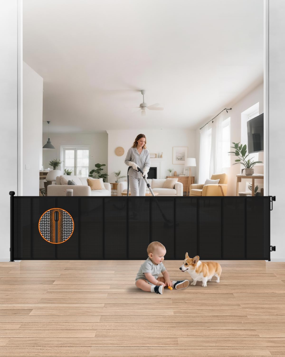 Retractable Baby Gate, 55" Wide Reinforced Mesh Baby Gate with 4 Fiberglass Support Rods for a Tighter Fit, 34" Tall Retractable Dog Gate for Stairways, Hallways and Doorways, Black