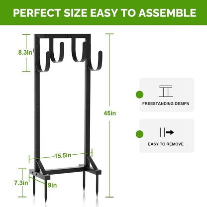 Garden Hose Holder with Stable Base and Tool Hooks, GAVISCITY Heavy-Duty Metal Hose Hanger Garden Hose Storage Holds 151Ft Hose, Rustproof Freestanding Water Hose Holder for Outside, Yard, Lawn, Black