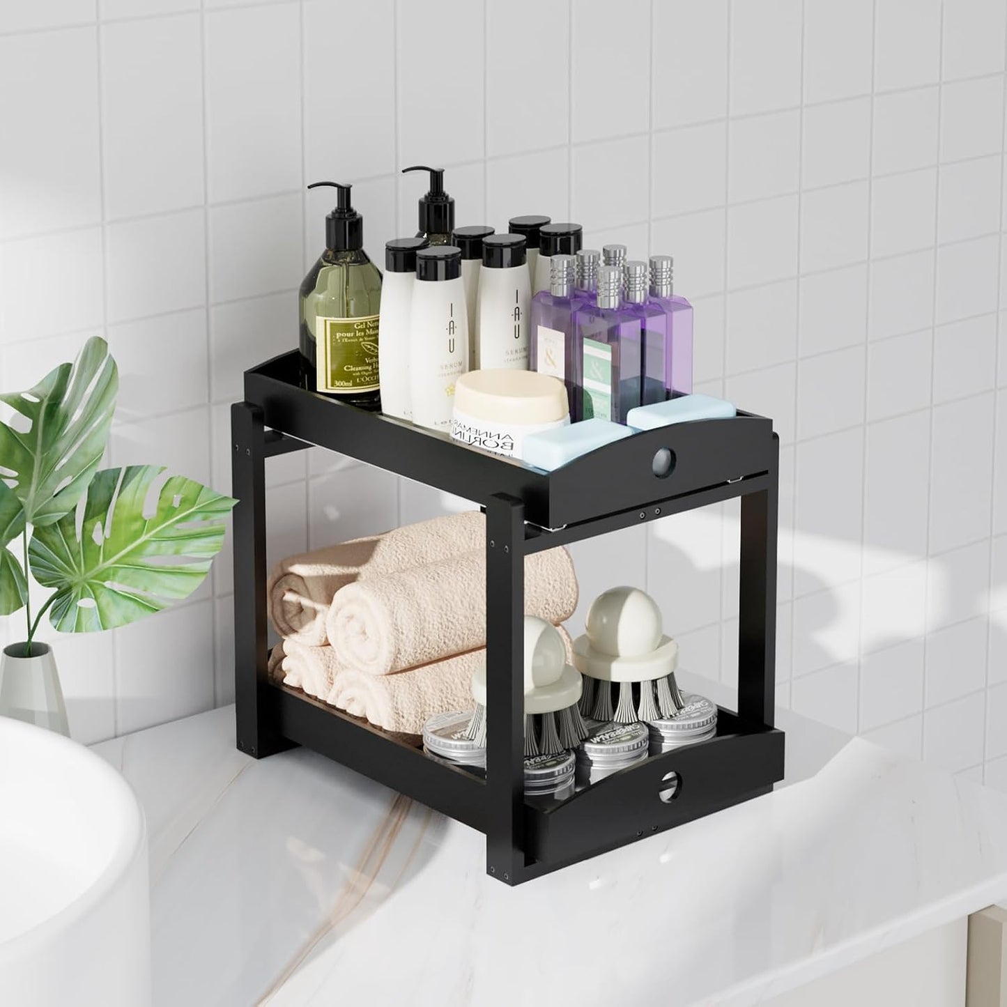 APRTAT 2 Pack Under Sink Organizer, Bamboo Wooden 2-Tier Pull-Out Storage with Sliding Drawers for Kitchen and Bathroom Cabinets, Easy Installation (Natural)