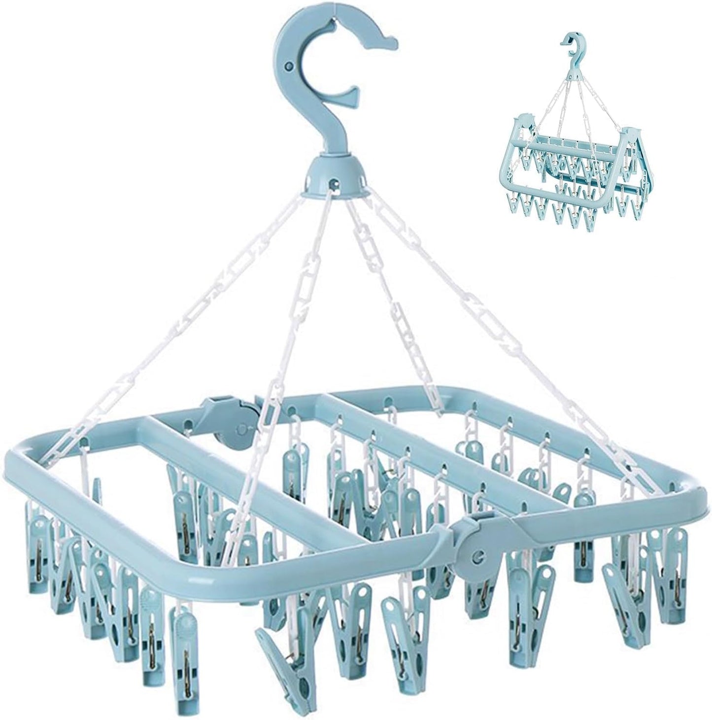 Laundry Drying Rack with 32 Hanger Clips, Foldable Clip Hangers for Drying Socks, Underwear & Towels, Portable Clothes Rack, 360° Rotatable Hook Plastic Baby Hangers (Light Blue)