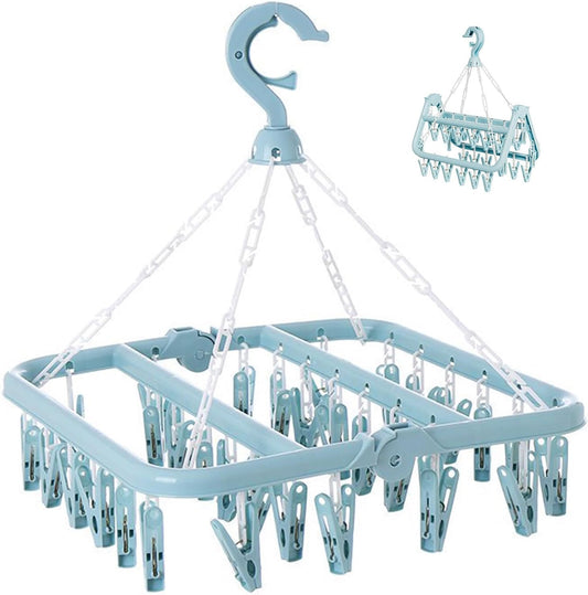 Laundry Drying Rack with 32 Hanger Clips, Foldable Clip Hangers for Drying Socks, Underwear & Towels, Portable Clothes Rack, 360° Rotatable Hook Plastic Baby Hangers (Light Blue)