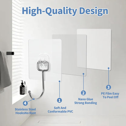 Adhesive Wall Hooks for Hanging - 60lb Heavy Duty Waterproof & Rustproof, Sticky Hooks for Walls No Damage, Kitchen/Bathroom/Rental (Ganchos para Pared) 10-Pack